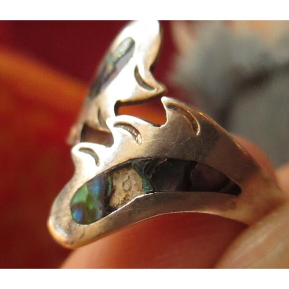 Vintage Sterling Silver & Abalone Inlay Adjustable Ring Taxco sz 12 Hippy Boho - Picture 7 of 8